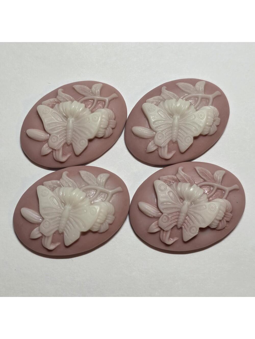 Lot of 4 Vintage Style Butterfly Cameo Cabochons Pink White Resin Flatback EUC